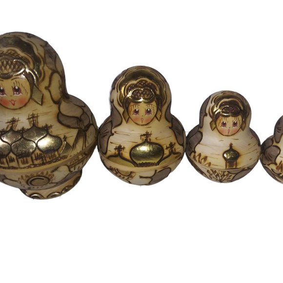 VTG MATRYOSHKA Gold Hand Painted Wood Burned Russian Nesting Dolls Set of 9 - Picture 4 of 12
